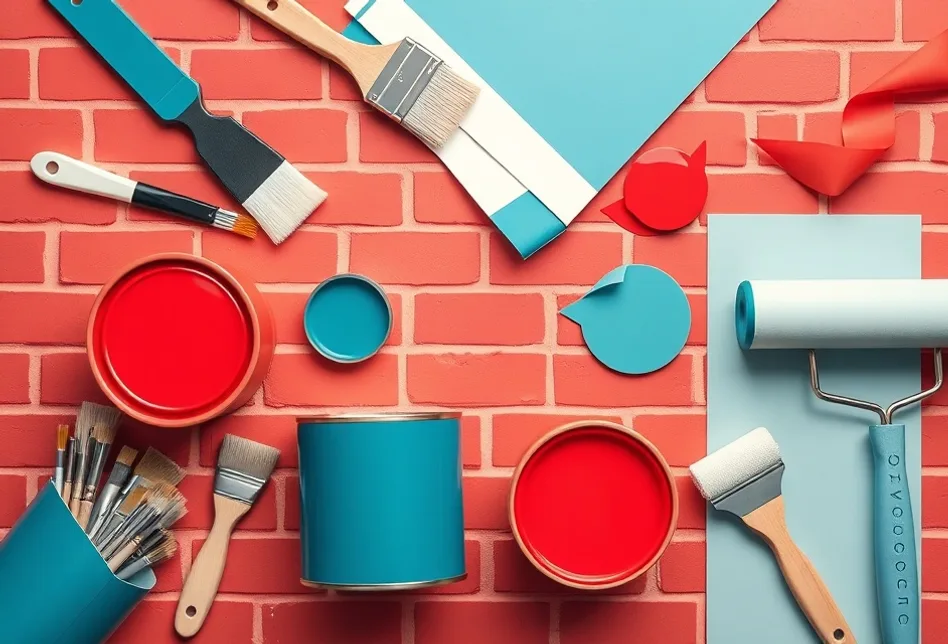 Pots de peinture, nuancier, brosses et rouleaux disposés à plat