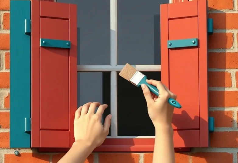 Mise en peinture au pinceau de volets et d'encadrements en bois