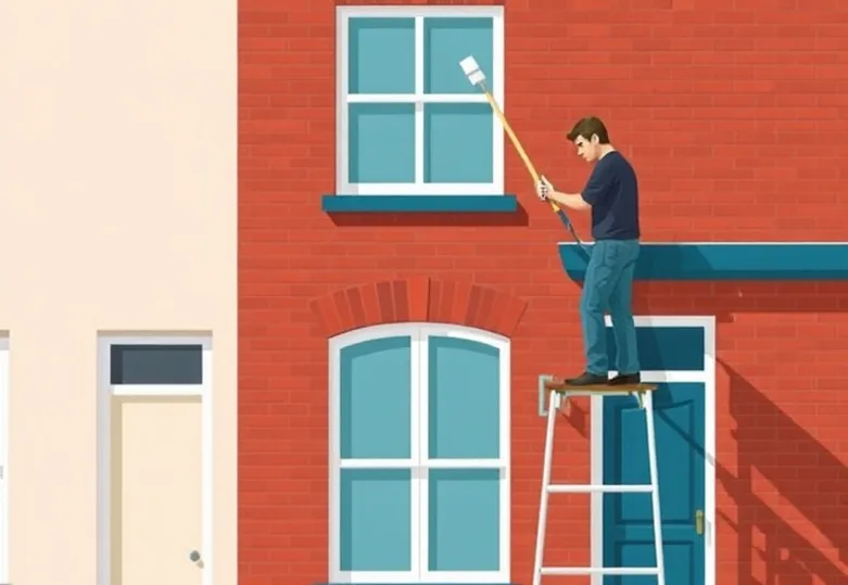 Peintre sur échafaudage traitant la façade d'une maison